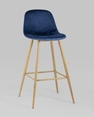 Стул барный Валенсия велюр синий ножки цвет дерево. Фото